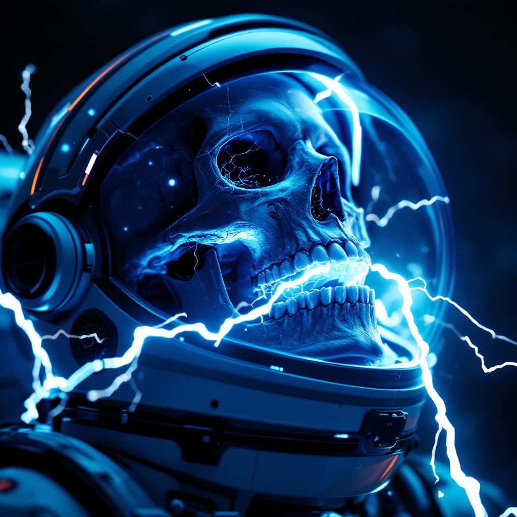 AI generated: astronaut open helmet, human skull, perfect teeth, lightning coming out of the open mouth, futuristi...