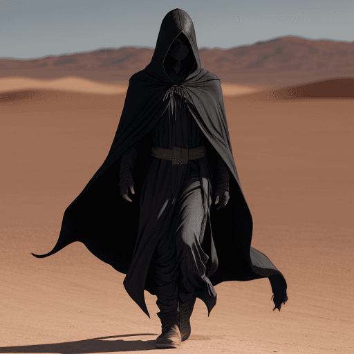 AI generated: Mysterious figure in striking cloak walking through the desert

