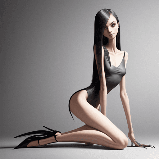 AI generated: very slim girl, with long curved claws, skinny legs and long skinny calves in high heels and kneelin...