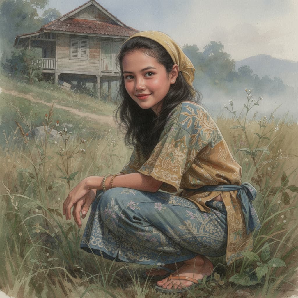 AI generated: Impressionist oil painting of an old, rustic, traditional Malaysian wooden house with a thatched roo...