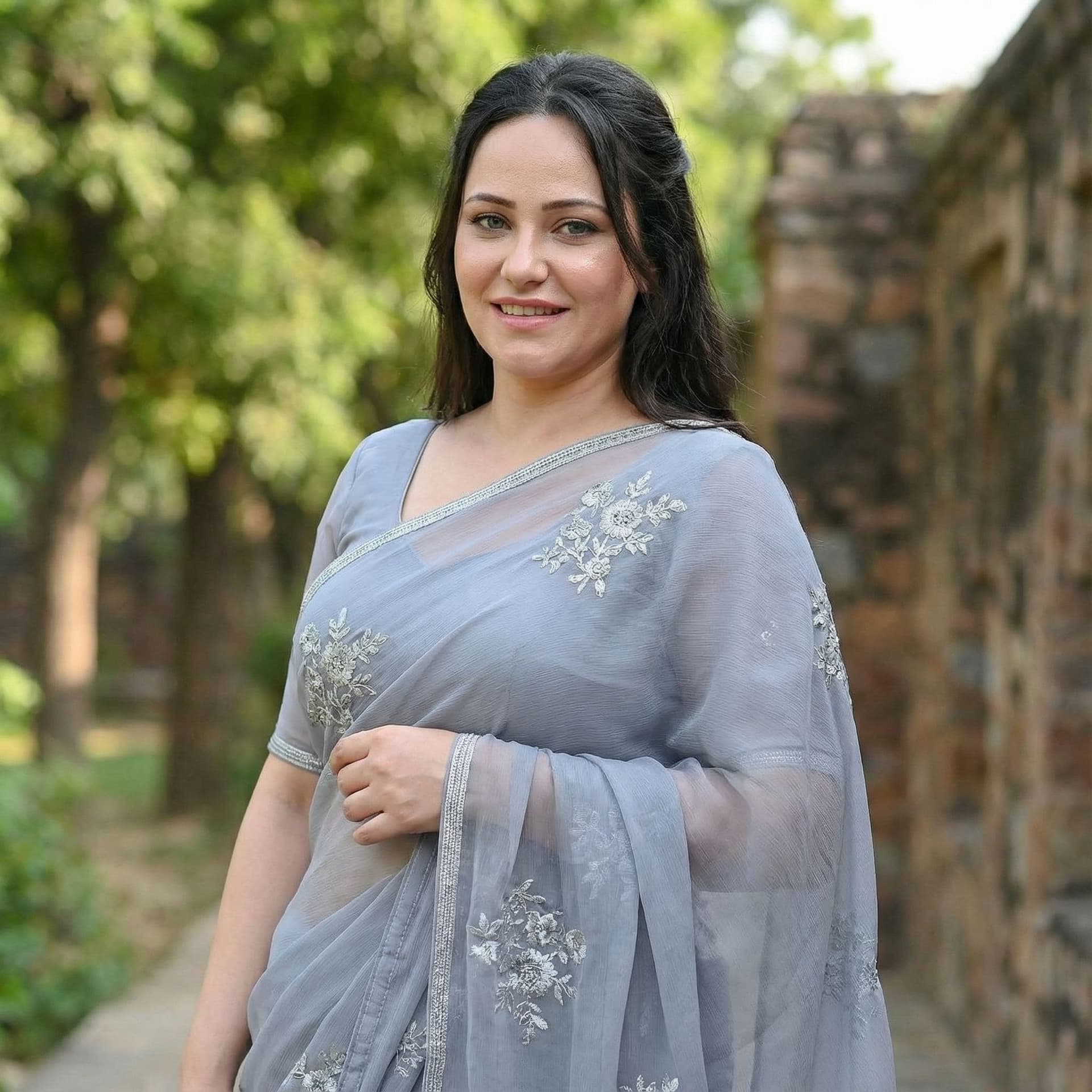 AI generated: A plus-size Indian female model with a soft, round build and natural healthy skin with visible textu...