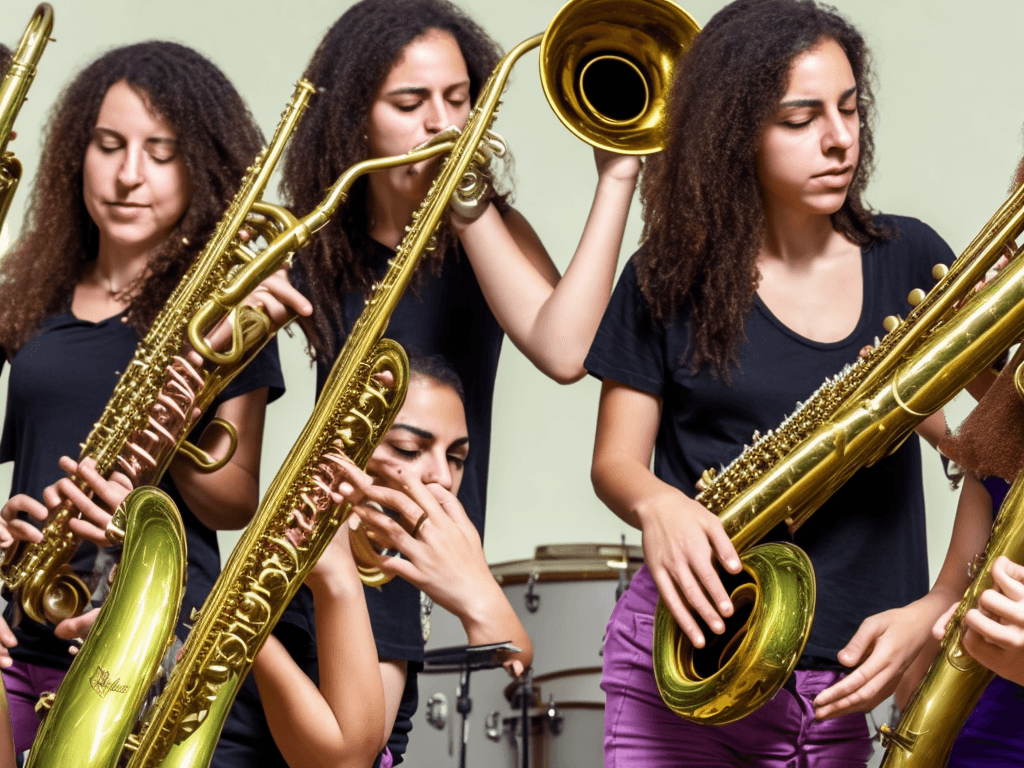 AI generated: 2 mulheres loiras tocando saxofone. Ao lado escrito: Samba  Brass