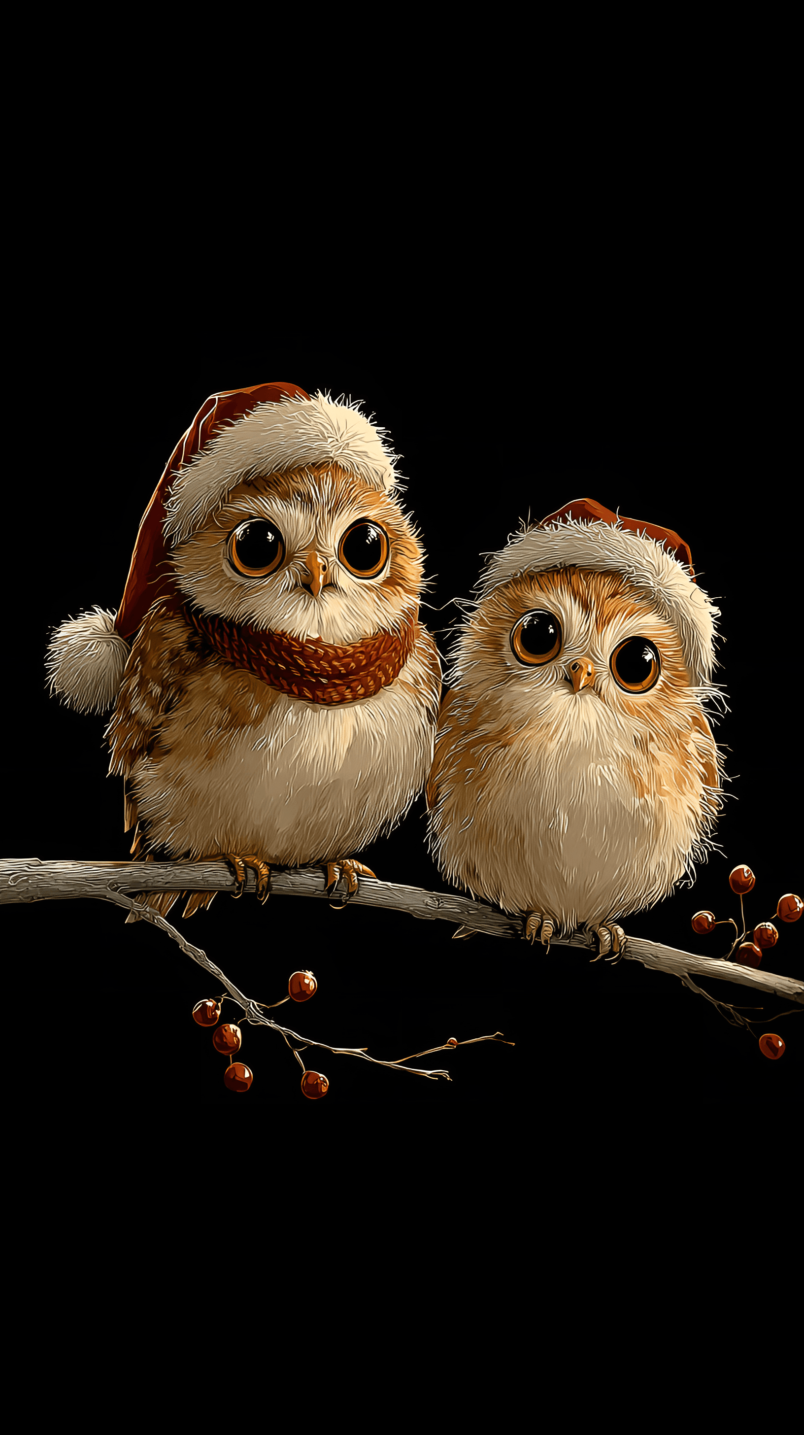 AI generated: Two adorable cartoon owls perched on a thin, grey, textured branch against a stark black background....