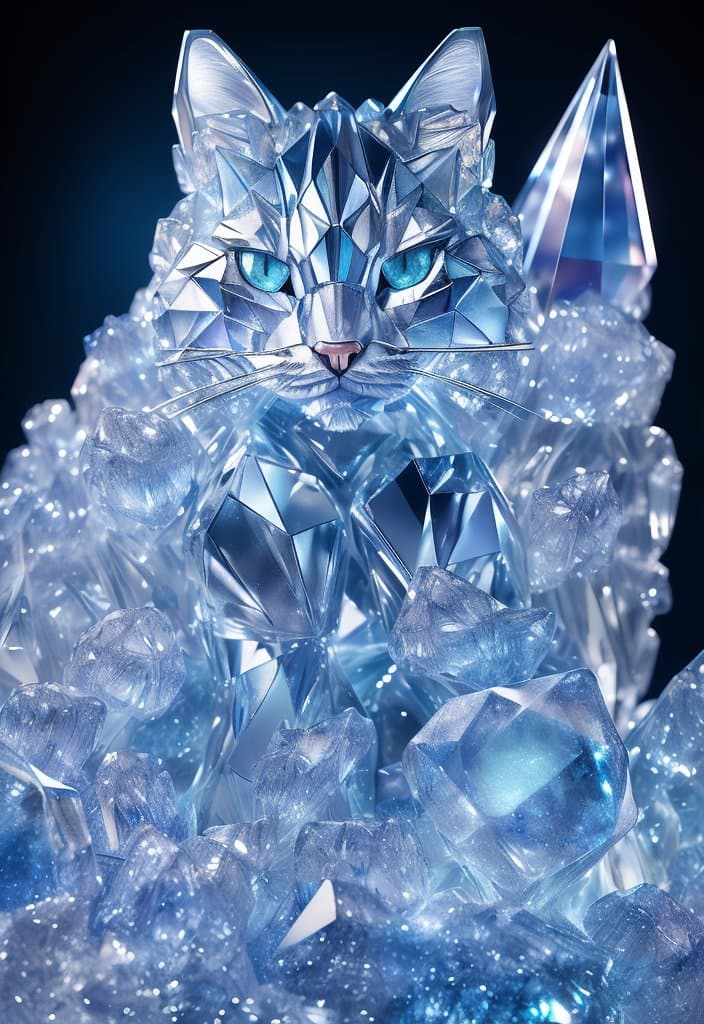 AI generated: a close up of a cat (made from a many cristal fragmrnts:1.2), (crystal cubism:1.2), with blue eyes, ...