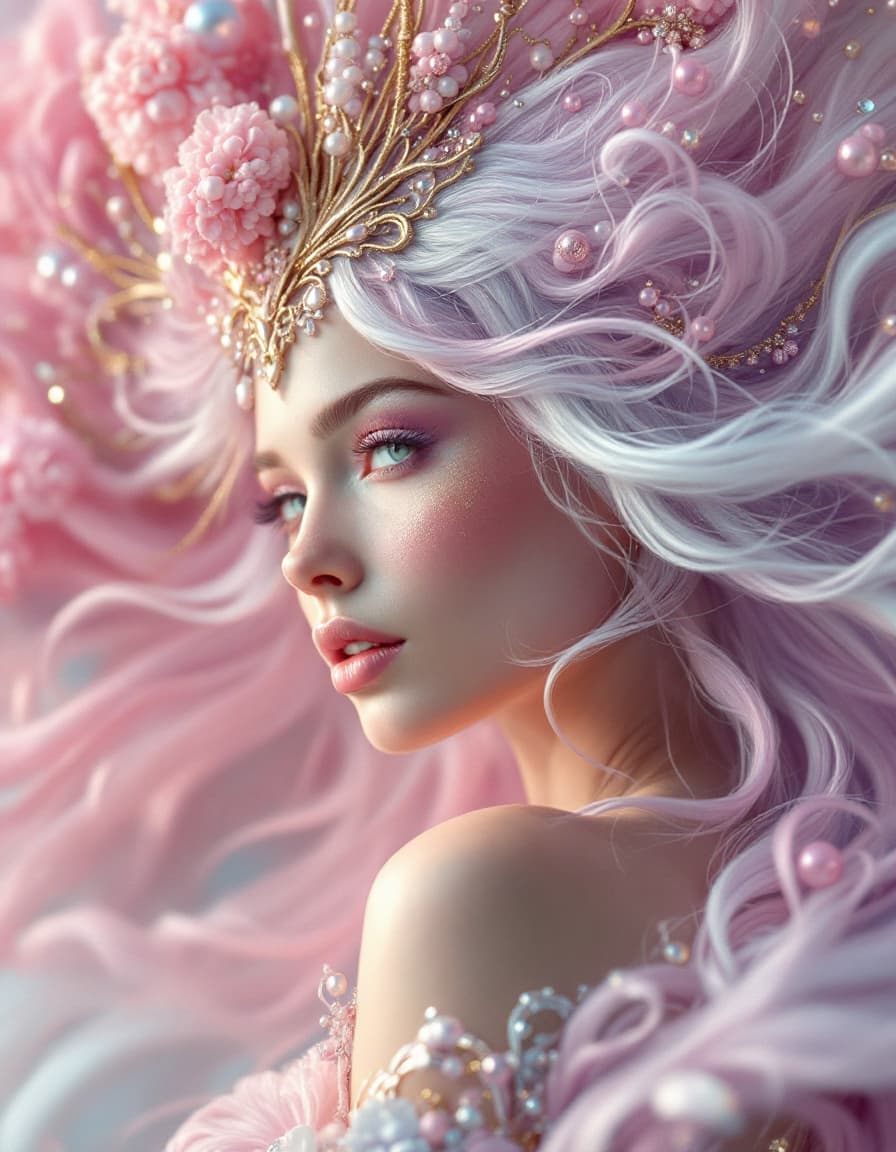 AI generated: Stunning Fantasy sky fairy queen with clouds hair: photorealistic:1 natural lighting:1 macro lens:1 ...