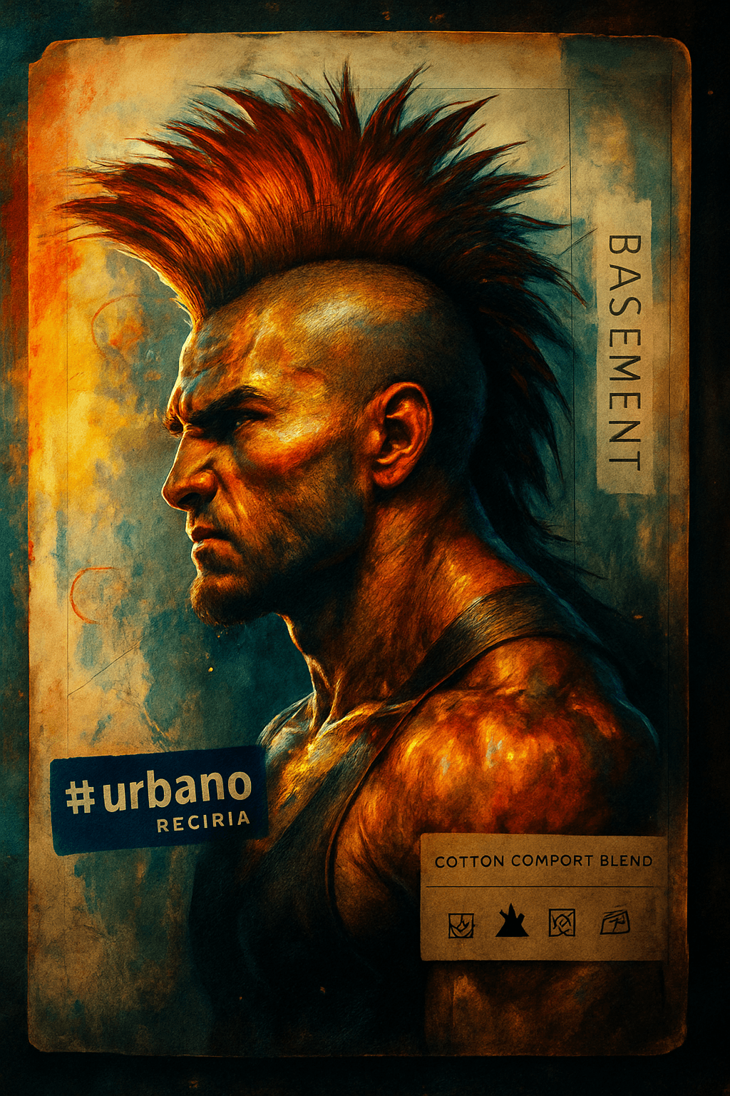 AI generated: A powerful portrait of a rock man in profile, muscular neck and jaw, mohawk hair spiked upward, expr...