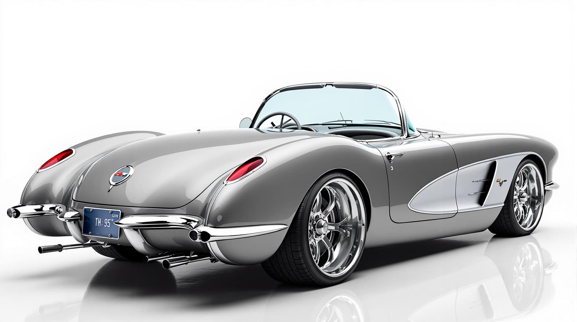 AI generated: Hyper realistic 1958 chevy corvette convertible, rear side view, gray color, restomod with 20" deep ...