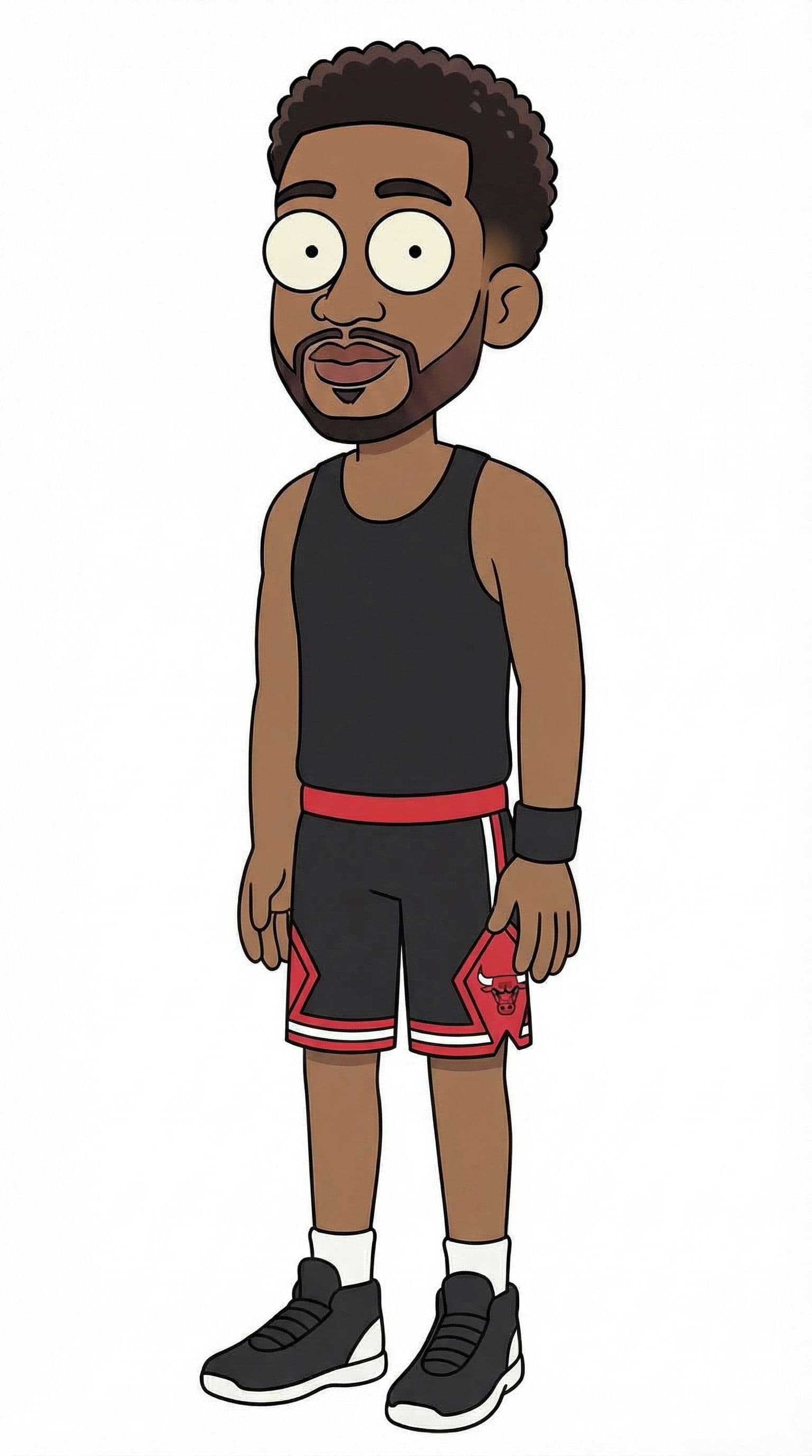 AI generated: put a black top tank and chicago bulls shorts.