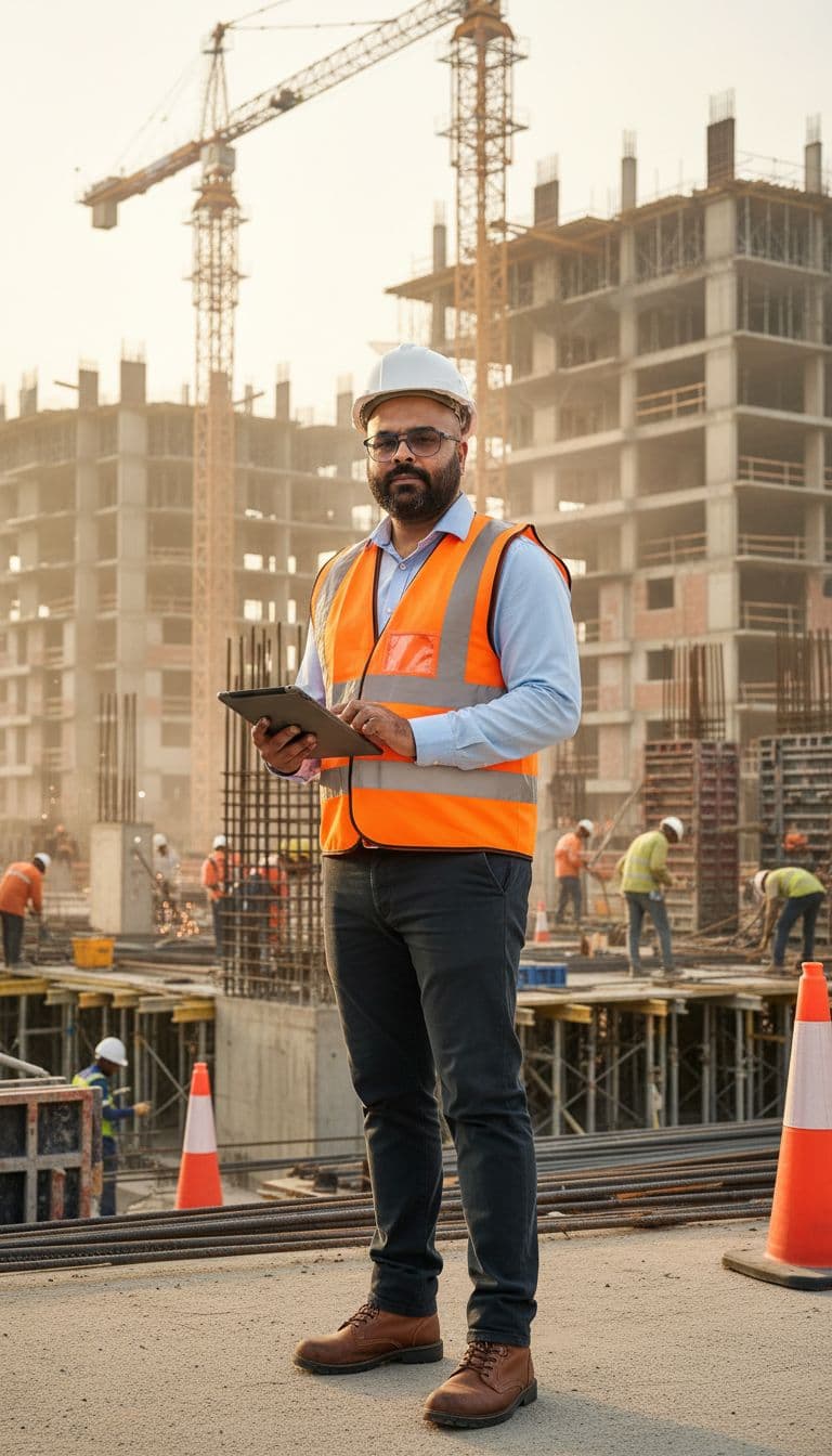 AI generated: A professional site engineer is standing at an active construction site during a routine site visit....