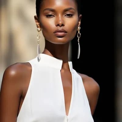 AI generated video: A woman turns towards the camera and walks towards it, her earrings dangle 