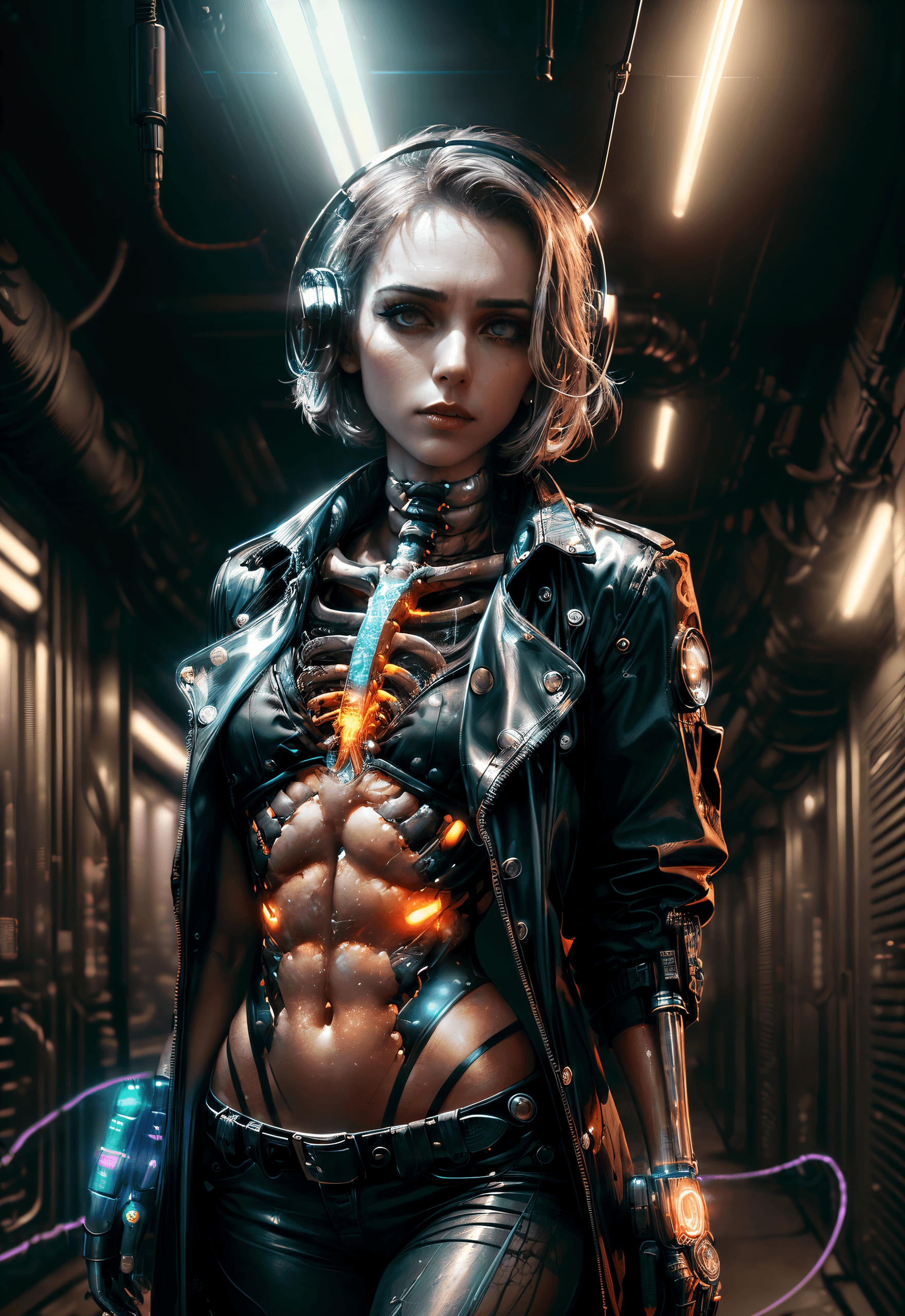AI generated: (delightful anatomy:1.1), (gloomy human female, metal ribs, illumination, insane, stunning, dramatic...