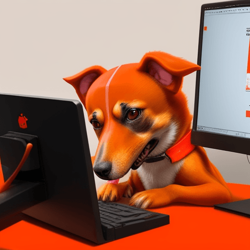 AI generated: Un perrito caniche de color rojo jugando con una computadora mientras toma un jugo de naranja. 