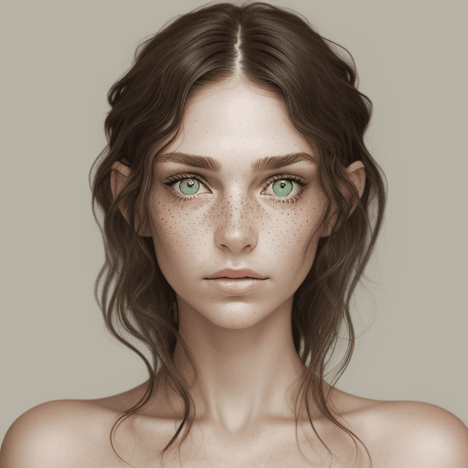 AI generated: portrait of a nude woman with green eyes, light freckles, and dark hair styled in loose tendrils. Sh...