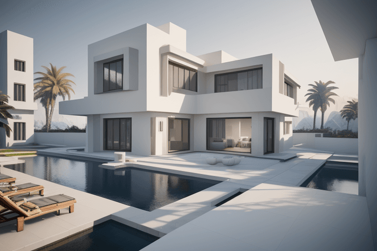 AI generated: small modern villa, cubic architecture, Bauhaus style mix to white Islamic architecture, detailed, u...