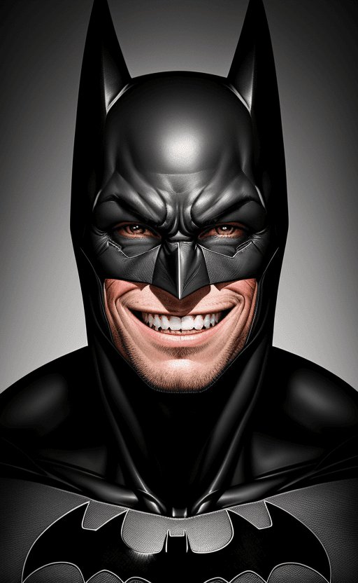 AI generated: Portrait of Batman, manly smile, with strong teeth, three-quarter views, Award-winning photography 