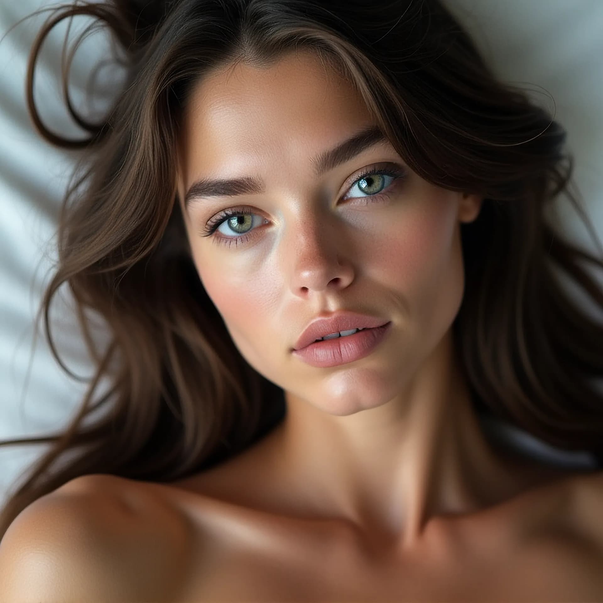 AI generated: (((20-year-old model))), (((toned body))), (((bright light gray eyes))), ultra-sharp iris detail, su...