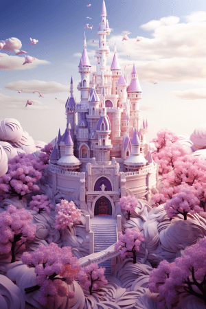 AI generated: Magical castle, elegant unicorn and noble princess, enchanting, voxel, pink and lavender color schem...