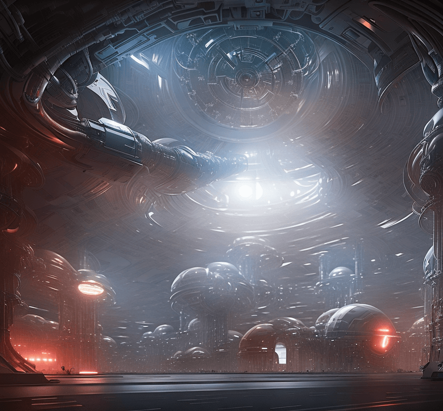 AI generated: 2 huge white Mech are walking thru the fire   in the corridor leading to the control room in a futur...
