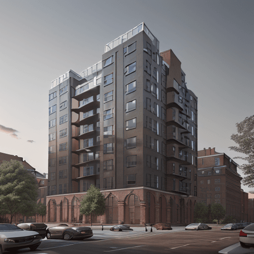 AI generated: High resolution photography of an architectural project of a residential building with 5 floors with...