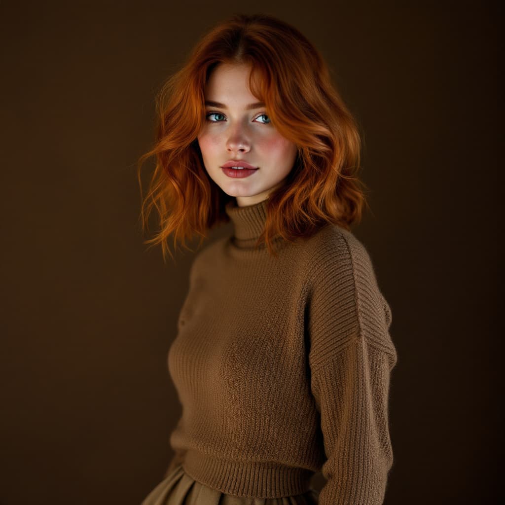 AI generated: A 24-year-old red-haired woman with coppery shoulder-length waves and a middle part, creamy fair ski...