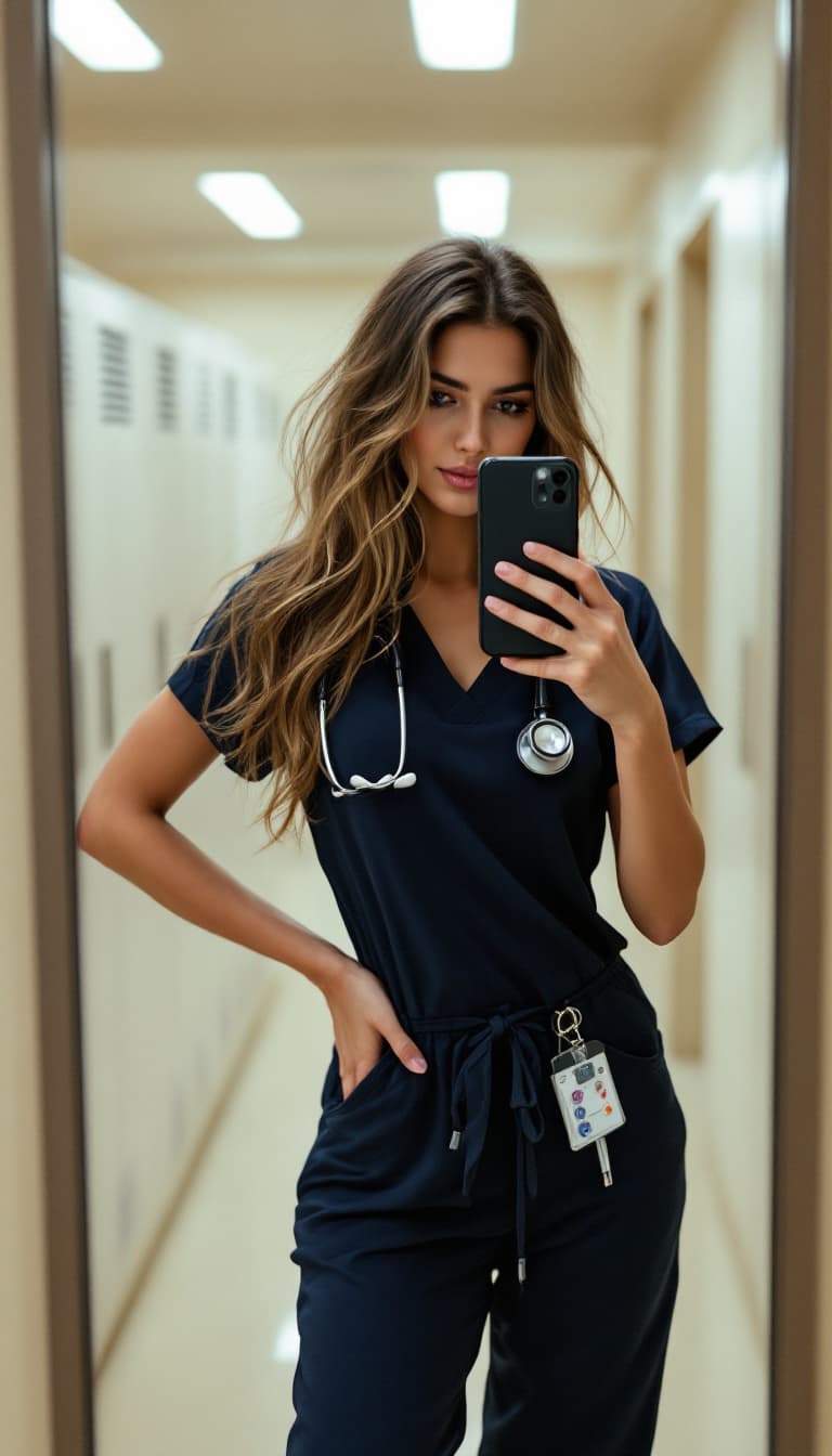 AI generated: An iphone camera selfie quality picture

A woman in a form-fitting dark navy blue nurse scrub suit t...