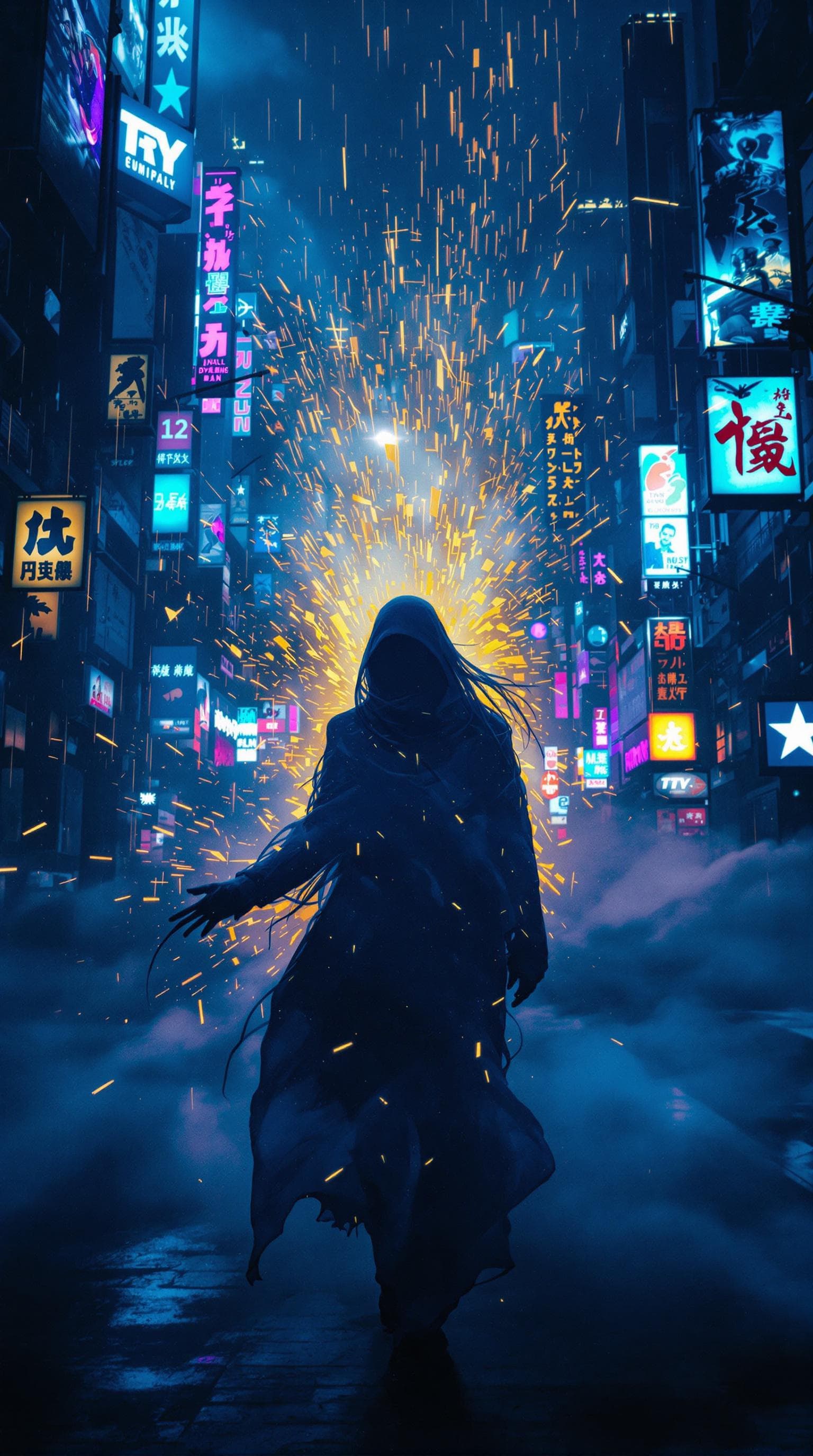 AI generated: A mysterious phantom figure walking through neon-lit fog, a shadow dissolving into the night. The sc...