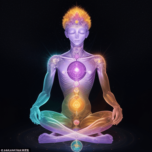AI generated: a human being who shines and throughout his vertebral Cologne we see the brilliance of these chakras...