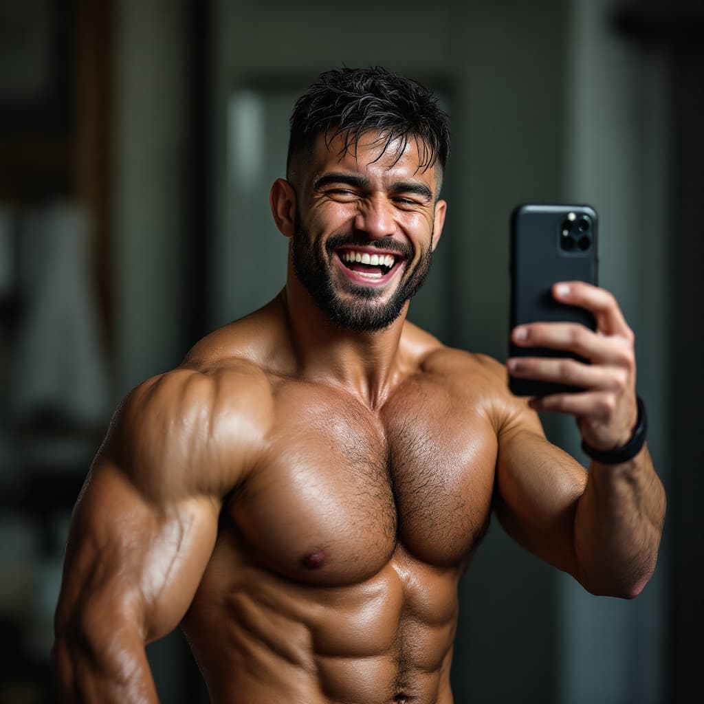 AI generated: MMA fighter. Erko Jun resemblance. Laughing. Taking Selfie. briefs. Hairy chest. big tights muscles....