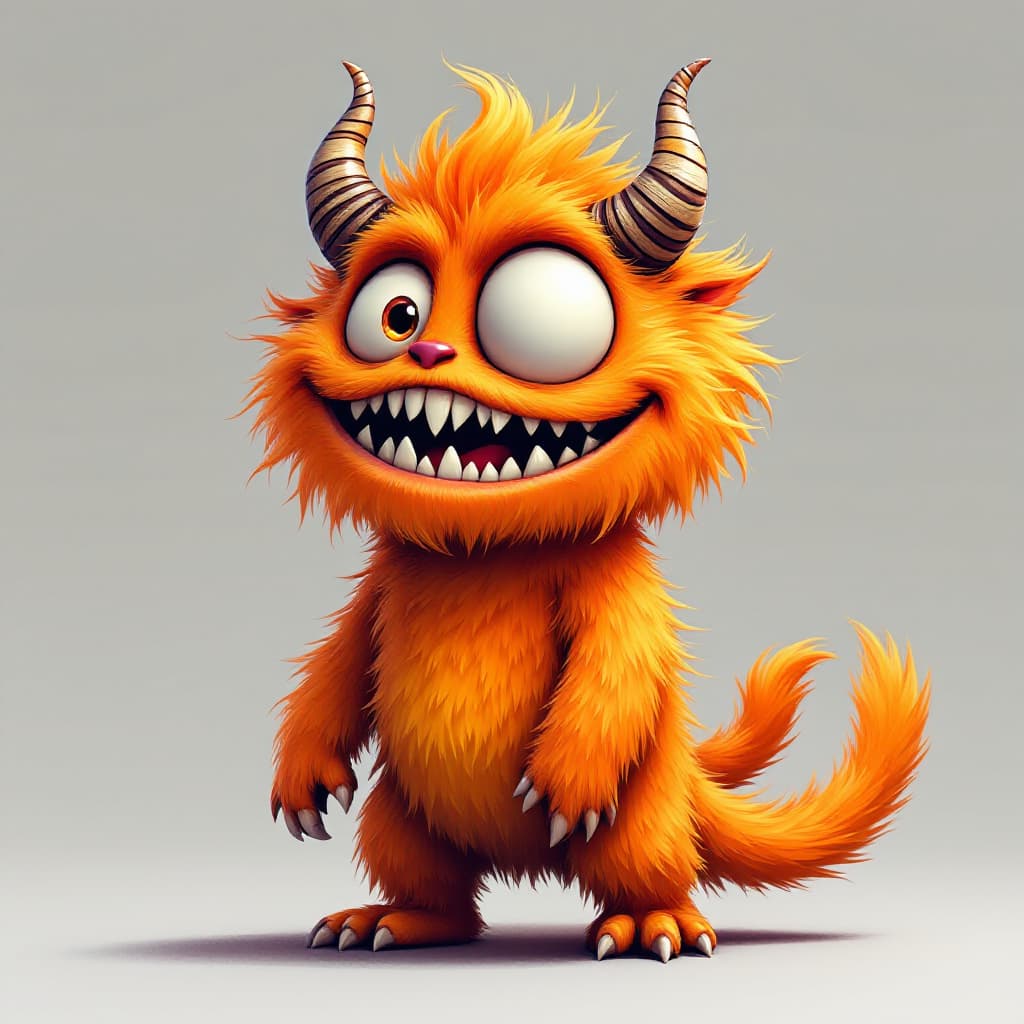 AI generated: Furnando, a fluffy, orange monster with big eyes, horns, and a wide grin cartoon style, profile