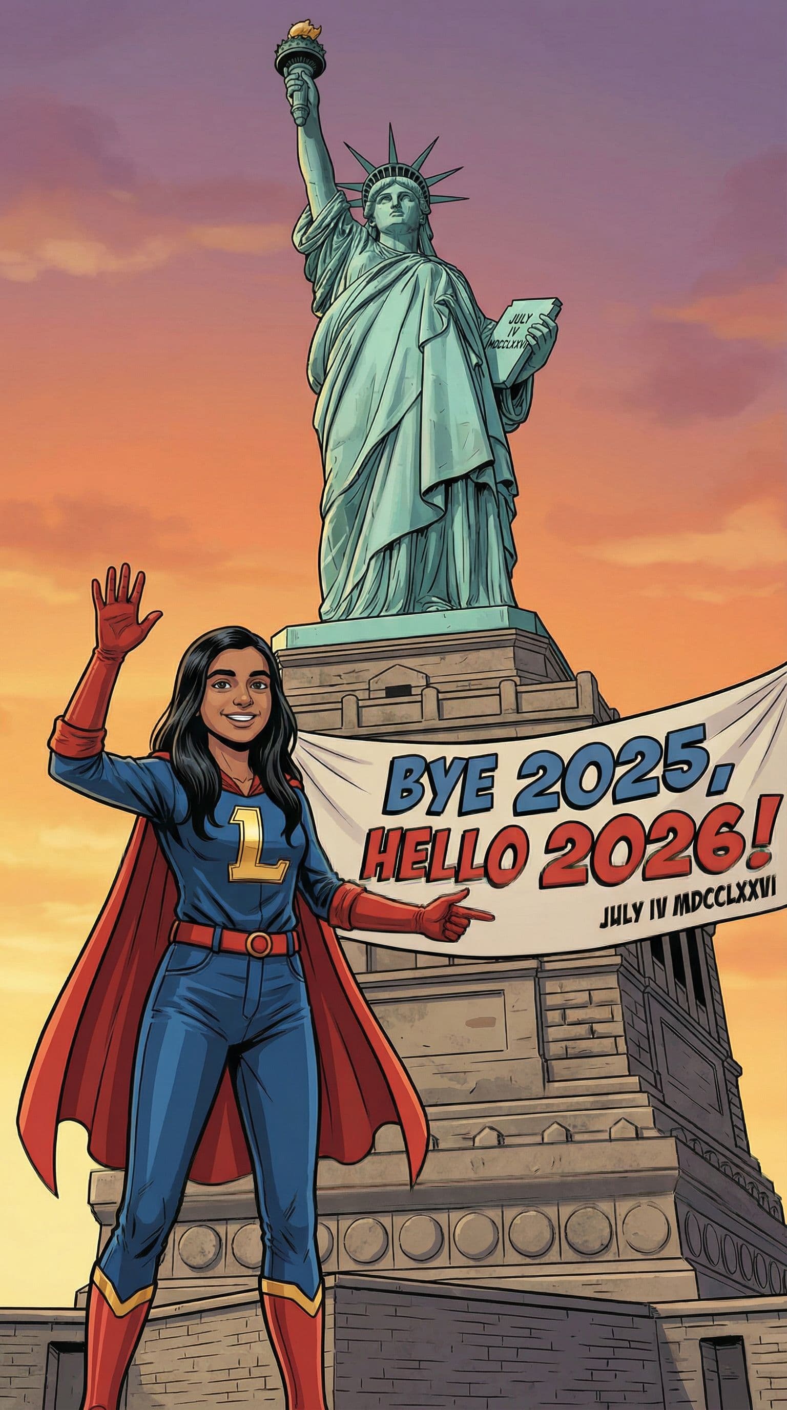 AI generated: Merge the images and create a cosmic character with a girl at statue of liberty holding bye to 2025 ...