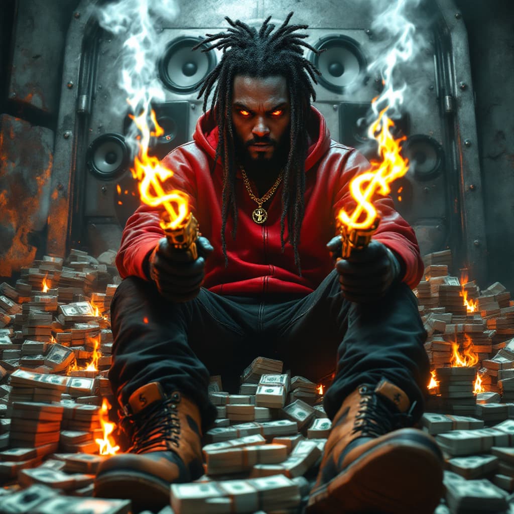 AI generated: a crazy african american character with a sinister looking facial features, long dreadlocks, red lea...