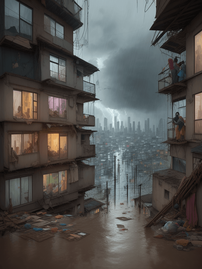 AI generated: Observe through the  window in building,  storm and flooding of a slum corner,flood,
rain,
litter,
s...