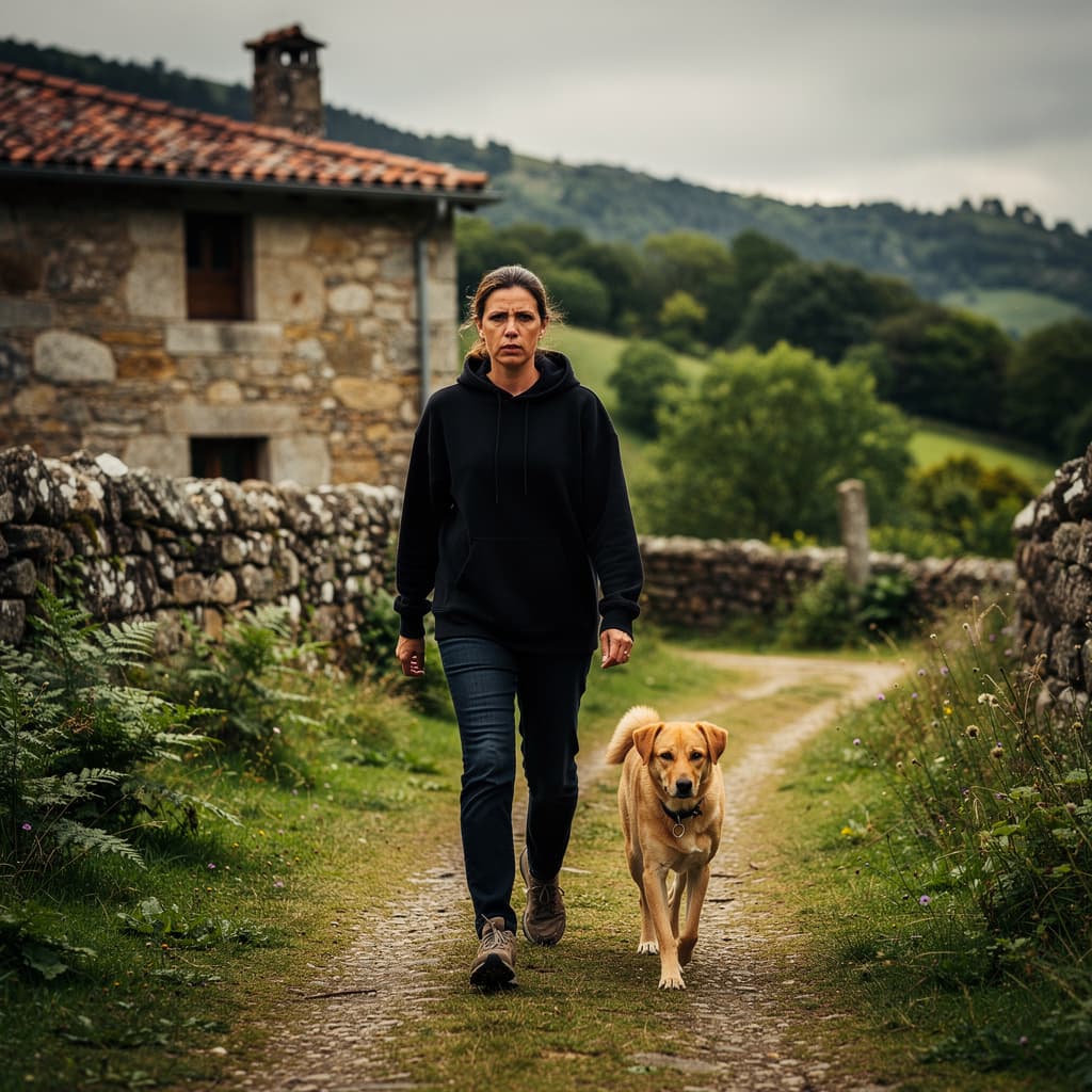 AI generated: A cinematic shot of a determined woman with a brave expression walking side-by-side with a thing yel...