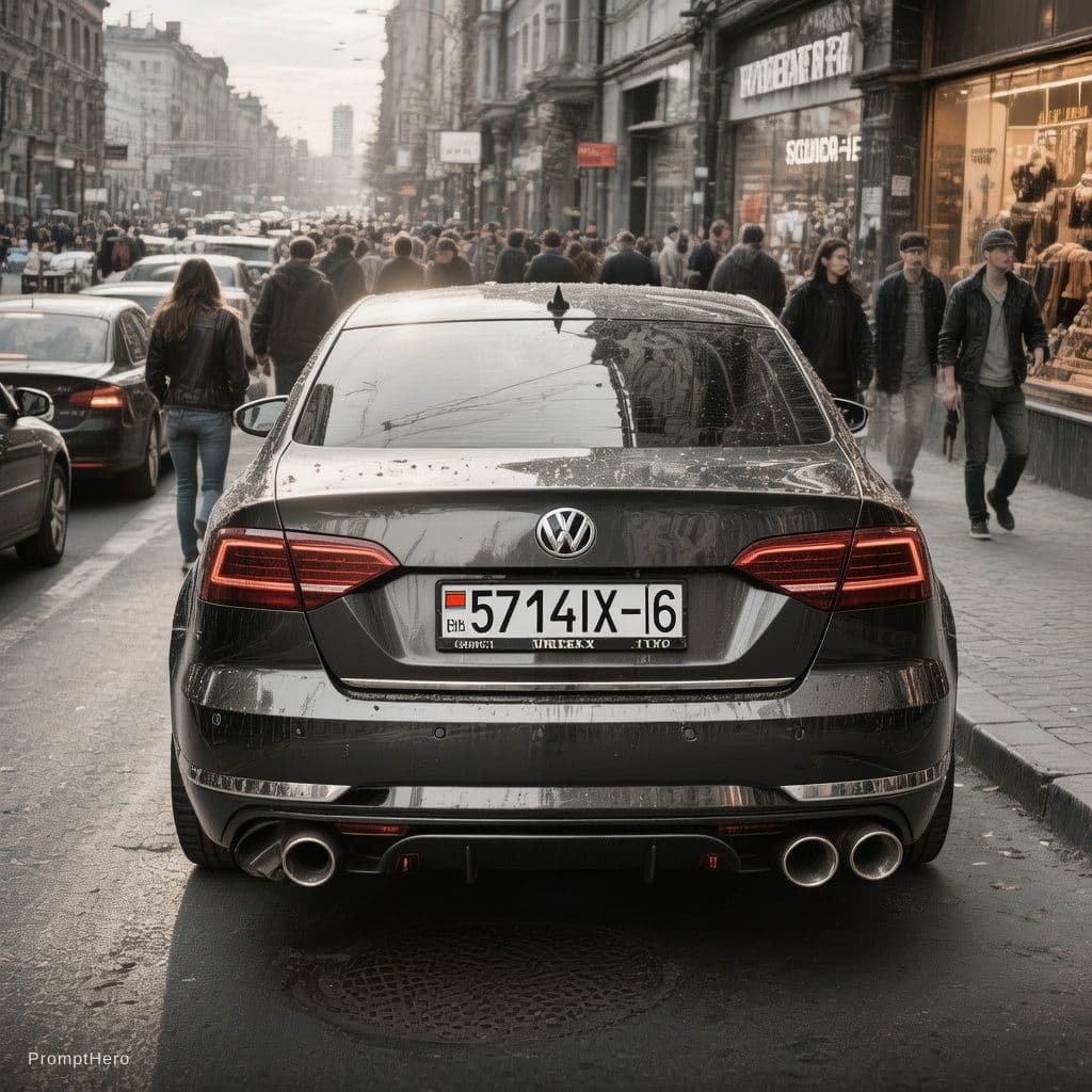 AI generated: Passat B6 With Belarusian license plate 5714IX-6:: Harsh, directional light from behind :: Busy back...