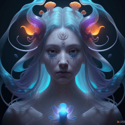 AI generated: Goddess close-up portrait ribcagel. jellyfish phoenix head, nautilus, orchid, skull, betta fish, bio...