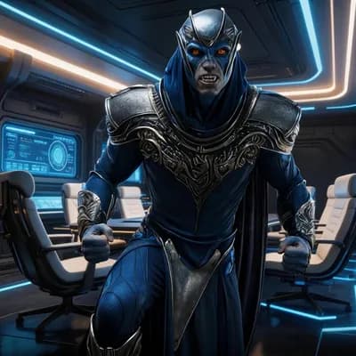 AI generated video: alien commander standing up from command chair, posture straightening, tension building, control roo...