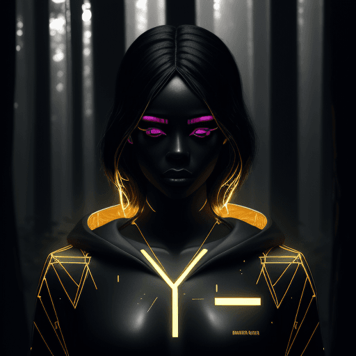 AI generated: black manikin lit with geometric neon dripping gold, forest in background, moody, dramatic, confiden...