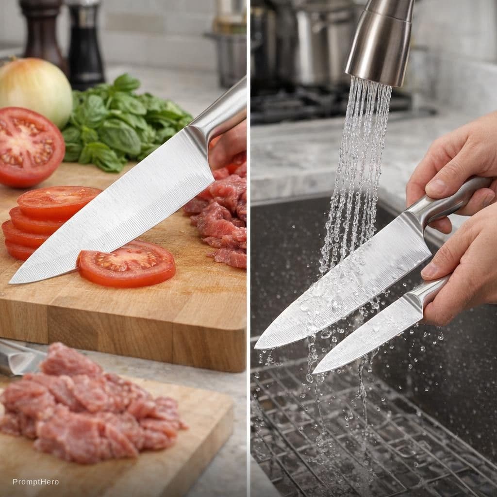 AI generated: Generate the usage scenarios for these two knives. The background is in the kitchen. The knives can ...