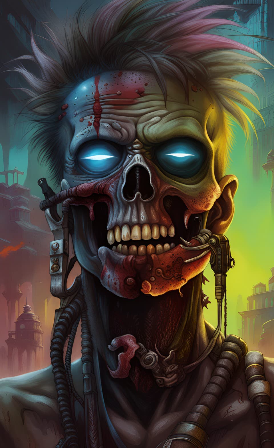 AI generated: Future metal tech zombie emerging from a future utopian world, zombie virus stage four, volumetric l...