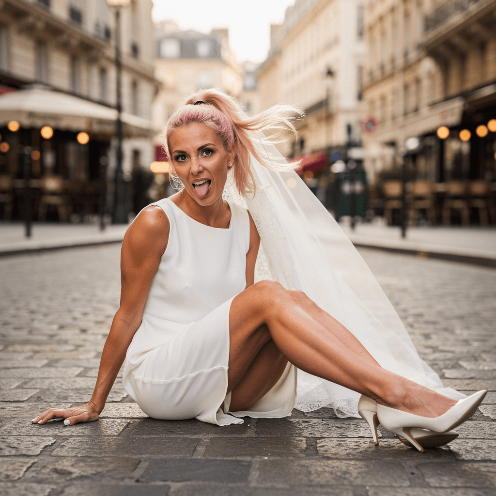 AI generated: The image is a high-resolution photograph a 40yo blonde woman outside sitting in the streets of Pari...