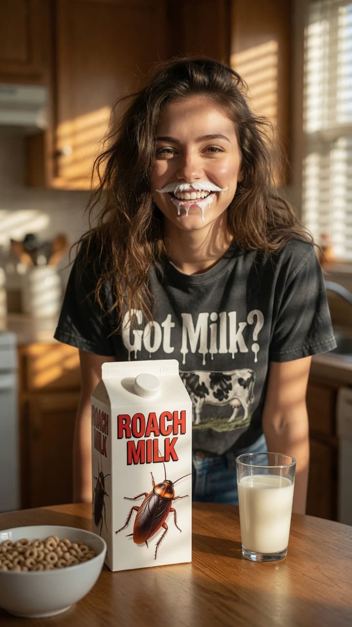 AI generated: Humorous 'Got Milk?' parody advertisement on her shirt. A friendly young Caucasian woman  in her ear...