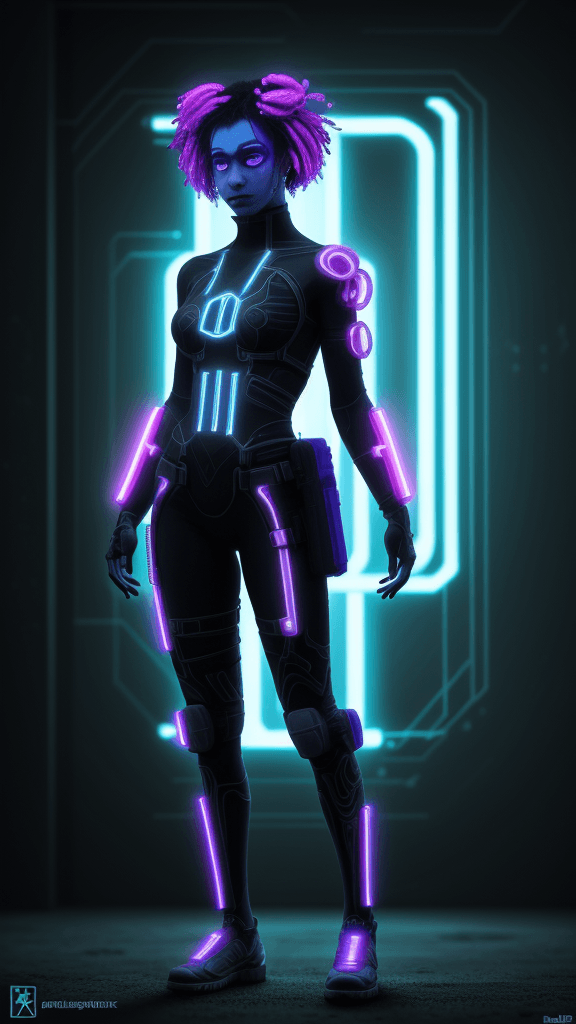 AI generated: blacklightfractalneonholofluid cyberpunk character