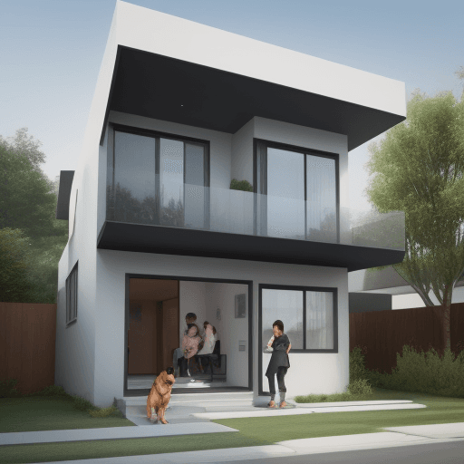 AI generated: A modern house with people and one dog