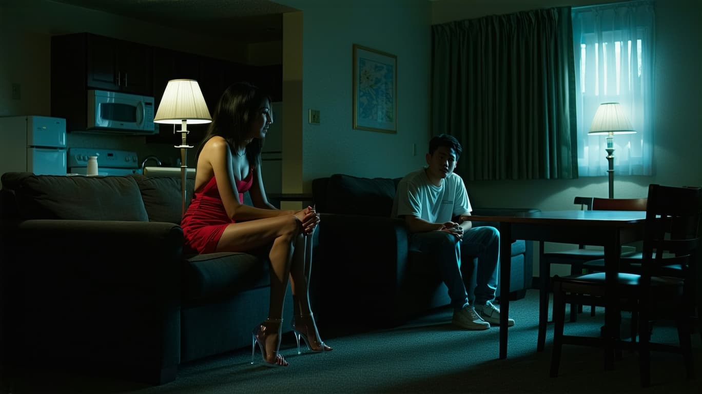 AI generated: A high-resolution movie scene, featuring the small living room of a modern, poor motel with a slight...