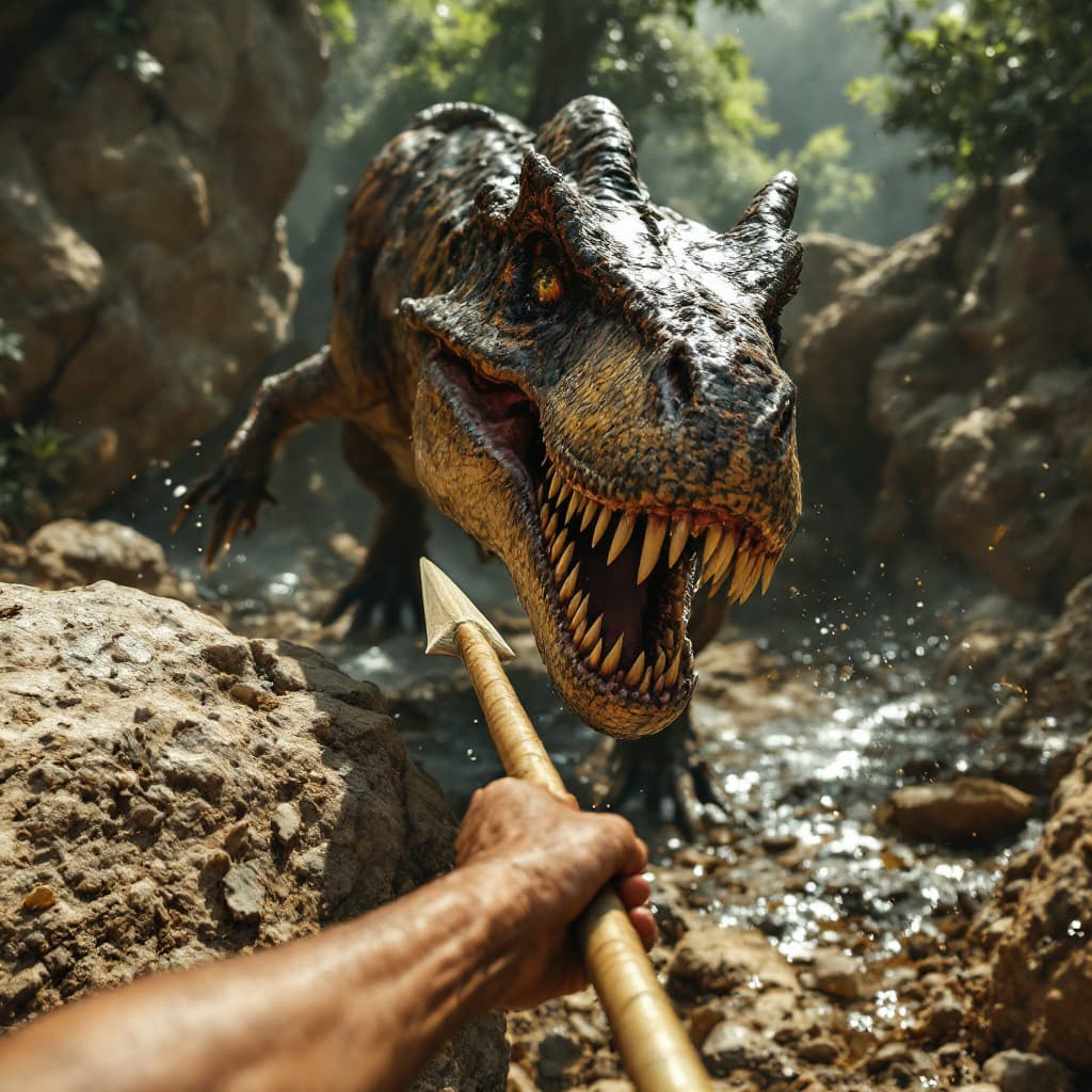 AI generated: An ultra-realistic point-of-view (POV) image capturing the first-person perspective of a caveman wit...