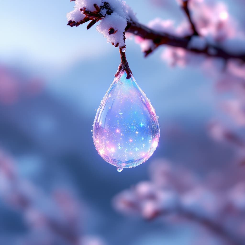 AI generated: A delicate opal water drop hanging from a branch in the early morning light, decorated with glitteri...