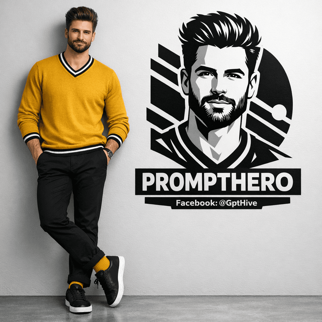 AI generated: "Ultra-realistic 8K full-body portrait of a stylish young man leaning casually against a clean light...