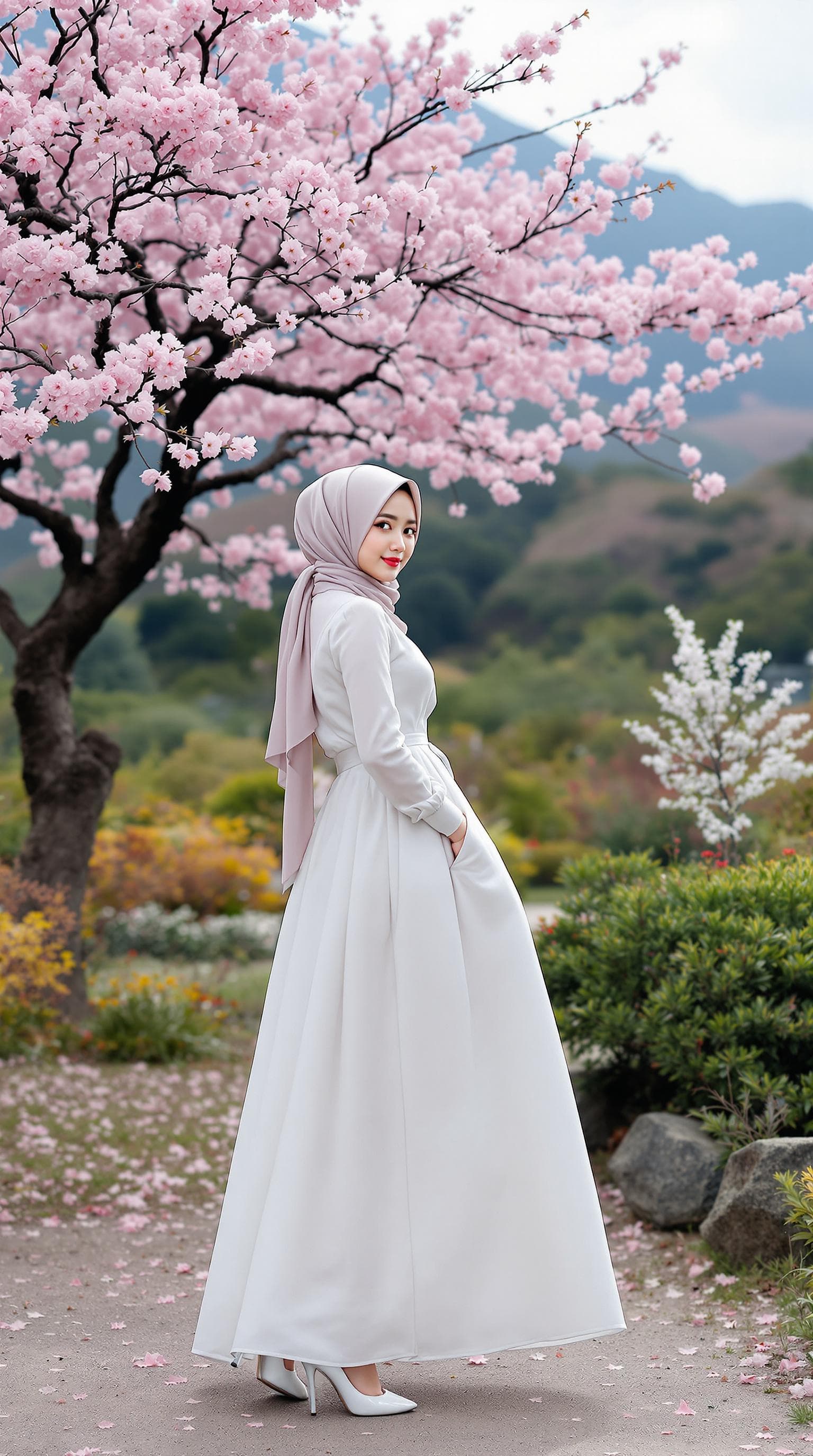 AI generated: a girl, Korean woman, korean ulzzang face, in a dress clothes, wear a hijab and beautiful long dress...