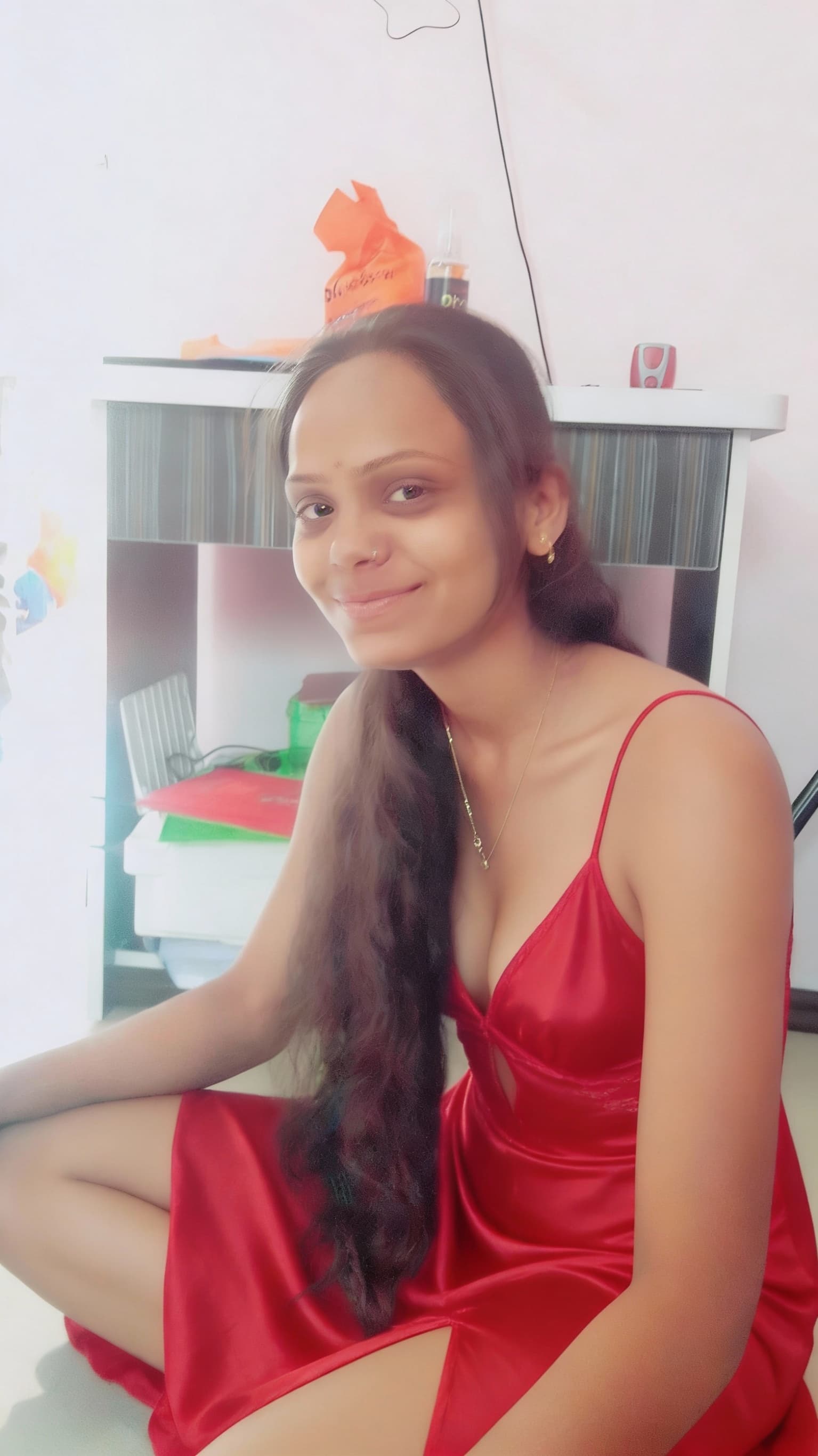 AI generated: Change clothes and add nighty sexy hot red and change face and hair same face photo 