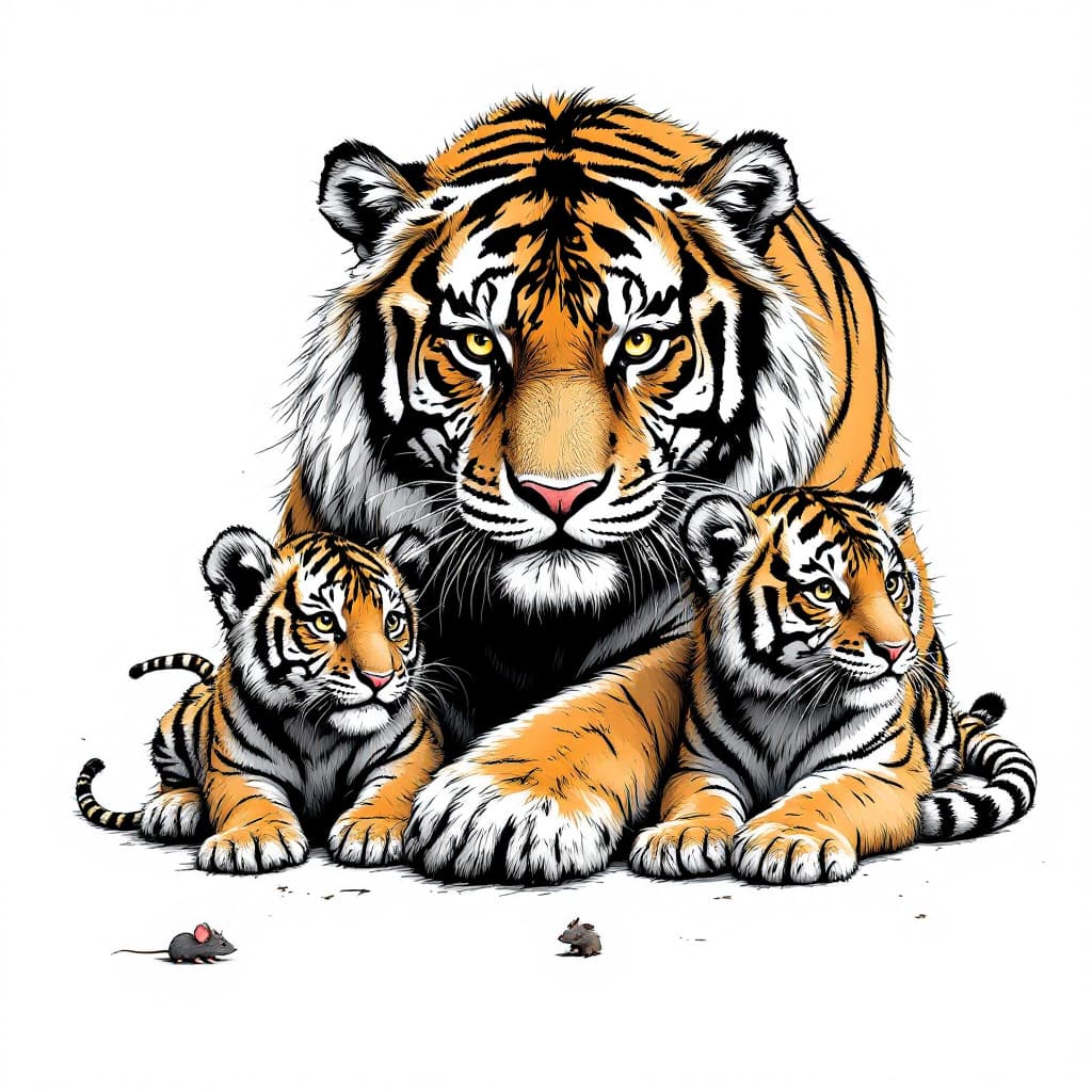 AI generated: A tiger and two tiger cubs, and a small mouse in black,ferocious, detailed,full-body shots，ink style